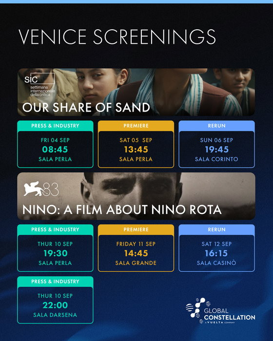 We are in Venice, accompanied by two beautiful films. 

'Our Share of Sand' by Shalini Adnani is premiering in Critics' Week!
@settimana_della_critica 

Nino: A film about Nino Rota, directed by Walter Fasano, is premiering in the Venice Open Out of