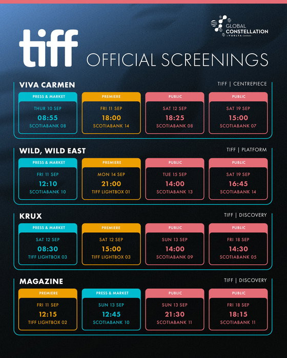 Hello Toronto and @tiff_net! 💯
We'reon-site in Toronto, where we've got four films being shown in the Centrepiece, Platform and Discovery sections.

We are delighted to present our screening schedule for the following outstanding films:
Viva Carmen