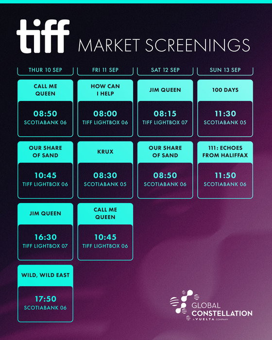 Happy to announce our Market Screenings in Toronto at TIFF: The Market!🔥

See here the schedule to our Market Screenings and our Market Launchs for: 
Call me Queen by Emily Atef, How Can I Help by Doris Dörrie, 100 Days by Carlos Saldana and 111: Ec