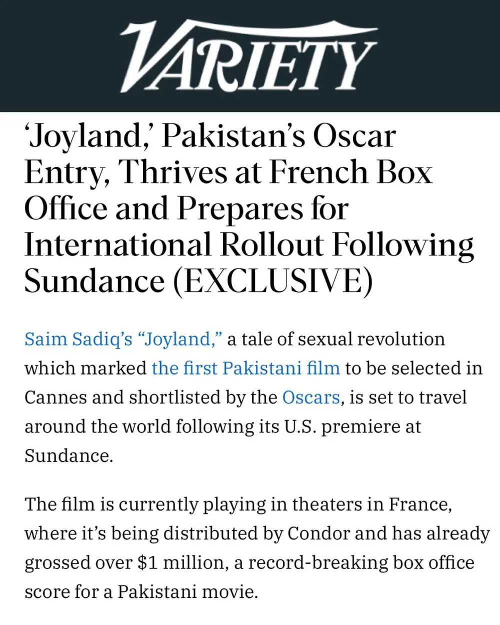 From Cannes to Sundance 🧡 about to hit $1m at the French box office and having its #uspremiere at @sundanceorg #spotlight tonight! Check out @variety ‘s article recapping the extraordinary journey of @joylandmovie
