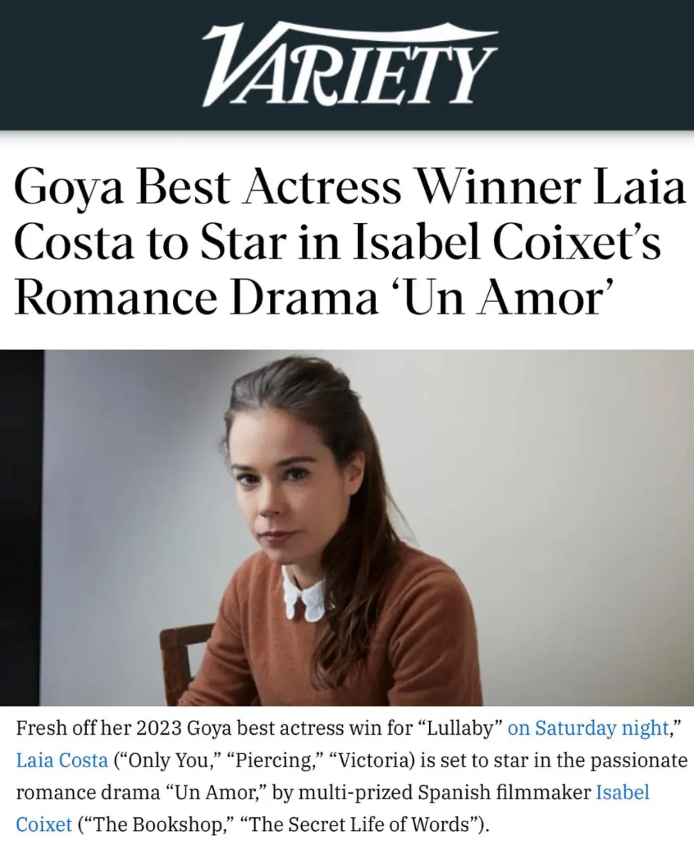 We're thrilled to announce UN AMOR, the latest film from award-winning director Isabel Coixet, a passionate romantic drama starring 2023 Goya Best Actress Winner Laia Costa, and Hovik Keuchkerian, based on Sara Mesa's best-selling novel of the same name.