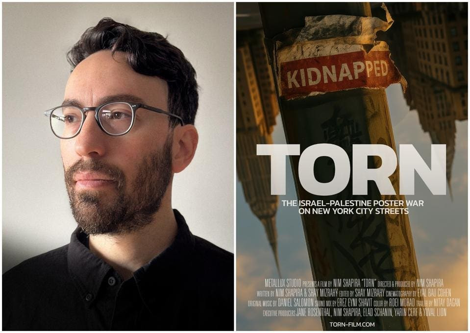 Nim Shapira next to poster for 'TORN' Courtesy of Hemdale Films